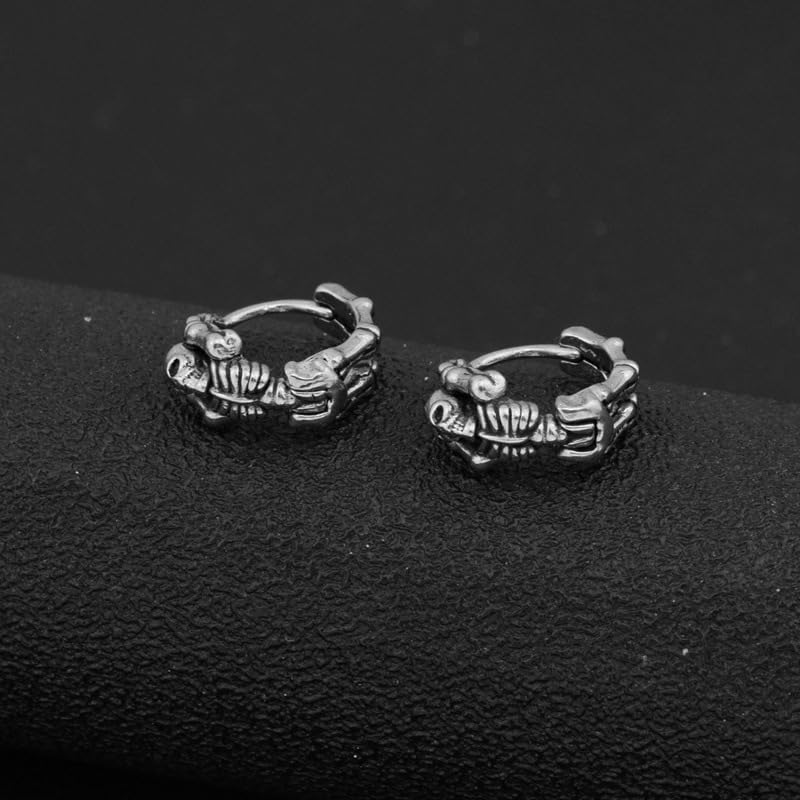 Vintage Skull Skeleton Hoop Earrings for Women Men 10mm Small Stainless Steel Huggie Hoops Earrings Gothic Punk Cartilage Hinged Hoop Earring Hypoallergenic Halloween Jewelry