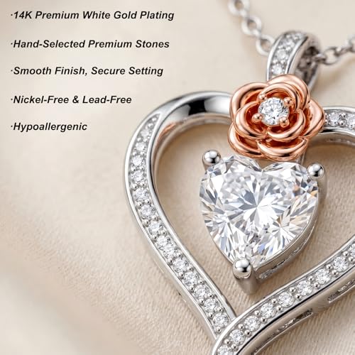 KQ&TTENG Heart Necklaces for Women 14K Gold Plating Hearts Necklace CZ Romantic Rose Pendant Mothers Day Anniversary Birthday Gift for Wife Mom Her - style: 11-Rose Heart Stone Necklace