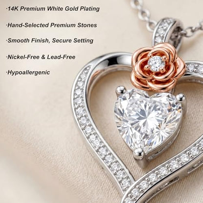KQ&TTENG Heart Necklaces for Women 14K Gold Plating Hearts Necklace CZ Romantic Rose Pendant Mothers Day Anniversary Birthday Gift for Wife Mom Her - style: 11-Rose Heart Stone Necklace