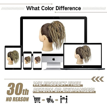 HMD Tousled Updo Messy Bun Hairpiece Hair Extension Ponytail for Women | Synthetic Hair Bun Extension with Elastic Rubber Band, Tousled Updo Messy Bun Hairpiece for Ponytail Styles Daily Party - color: Ash Blonde & Ash Medium brown