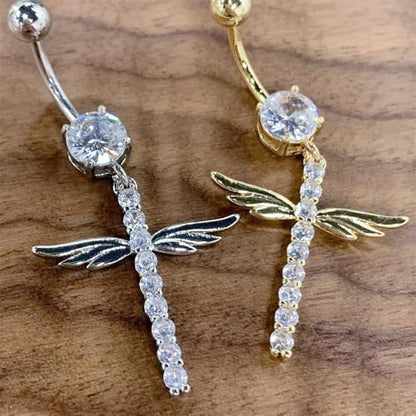 14G Crystal Wing Dangle Belly Button Ring for Women Cubic Zirconia Belly Curved Navel Barbell Dangle Piercing Sparkling Body Piercing Jewelry - color: Gold