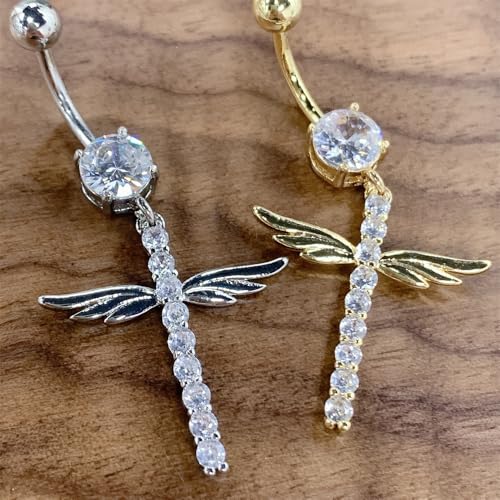 14G Crystal Wing Dangle Belly Button Ring for Women Cubic Zirconia Belly Curved Navel Barbell Dangle Piercing Sparkling Body Piercing Jewelry - color: Silver