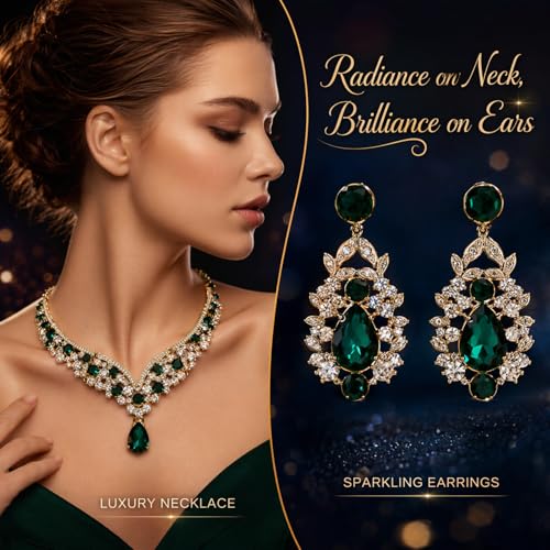 Tiaras and Crowns for Women,Tiaras Earrings Necklace, Crystal Bridal Jewelry Set - color: Green