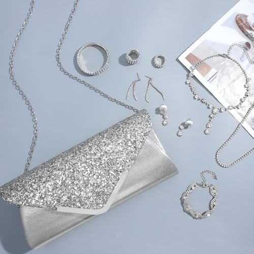 NEWITIN Purse Rhinestone Jewelry Set for Women Prom Jewels Crystal Clutch Purse Necklaces Rings Bracelets Earrings Gold Silver Jewelry Set for Women Bride - color: 11 Pieces Silver