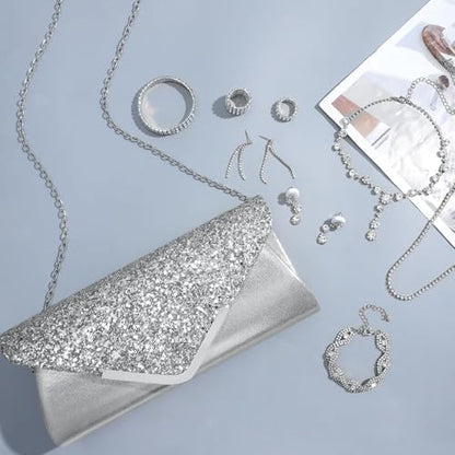 NEWITIN Purse Rhinestone Jewelry Set for Women Prom Jewels Crystal Clutch Purse Necklaces Rings Bracelets Earrings Gold Silver Jewelry Set for Women Bride - color: 11 Pieces Silver