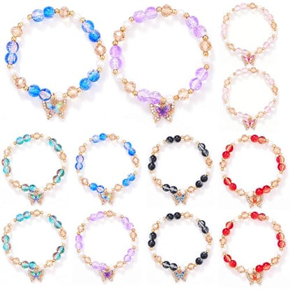 12 Pcs Butterfly Glass Beaded Stretch Bracelets for Women, 6 Colors Crackle Crystal Bead Elastic Bracelet Set with Enamel Charm, Stackable Handmade Jewelry Gift for Daily & Party Wear