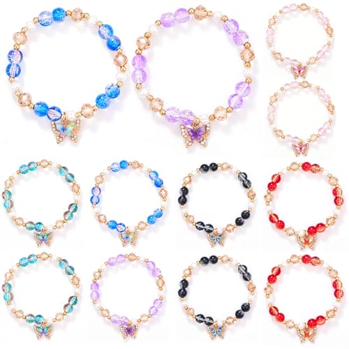 12 Pcs Butterfly Glass Beaded Stretch Bracelets for Women, 6 Colors Crackle Crystal Bead Elastic Bracelet Set with Enamel Charm, Stackable Handmade Jewelry Gift for Daily & Party Wear
