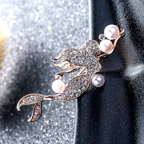 Elegant Mermaid Fish Lapel Brooch Pin Cubic Zirconia Rhinestone Faux Pearl Ocean Sea Animal Pins Clip Shawl Sweater Scarves Badges Brooches Pins Dainty Jewelry Gifts for Women Girls Clothes Accessories - color: Rose Gold