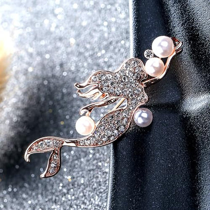 Elegant Mermaid Fish Lapel Brooch Pin Cubic Zirconia Rhinestone Faux Pearl Ocean Sea Animal Pins Clip Shawl Sweater Scarves Badges Brooches Pins Dainty Jewelry Gifts for Women Girls Clothes Accessories - color: Rose Gold