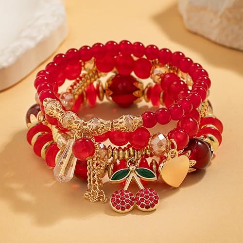 Red Cherry Beaded Bracelets Set for Women Stackable Layered Charm Bracelets Red Beaded Stretch Bracelet Cute Boho Statement Jewelry for Birthday Party Vacation Gift - color: 4PCS Set - Gold Cherry