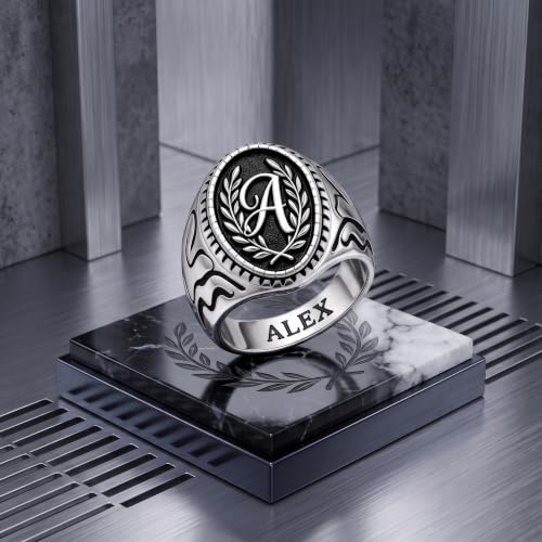 Dacc & Aya Custom Engraved Vintage Signet Ring 925 Sterling Silver Black Oxidized Personalized Statement Jewelry for Men - style: F-Letter