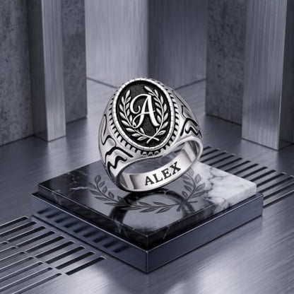 Dacc & Aya Custom Engraved Vintage Signet Ring 925 Sterling Silver Black Oxidized Personalized Statement Jewelry for Men - style: F-Letter
