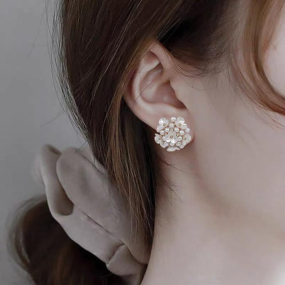 Clip-On Earrings for Womem Flower Faux Pearl Non Piercing Earrings Jewelry - color: Pearl and Flower Cluster