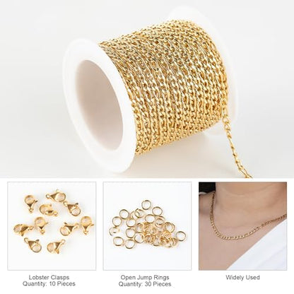Kyutong Gold Necklace Chain for Jewelry Making with Lobster Clasps | 16.4 Feet Stainless Steel Jewelry Chain Bulk 3MM Wide Figaro Chains with Jump Rings for Men Women DIY Jewelry Crafts - color: Gold-8
