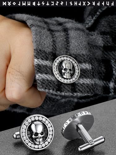 FaithHeart Mens Cufflinks, Norse Viking Tuxedo Shirt Cuff Links, Stainless Steel Cuff Links and Shirt Studs, Gift Box - style: 05. Skull CZ-Silver