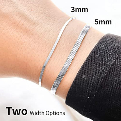 ChainsHouse Stainless Steel Herringbone Flat Chain Bracelets for Women,18K Gold/Rose Gold/Black Metal Paperclip/Snake/Cuban/Figaro Sterling Silver Link Charm Bracelet, 16+5cm Adjustable, With Gift Box - color: e. herringbone-stainless-3mm