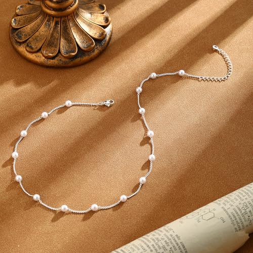 Silver Pearl Necklaces for Women Sterling Silver Plated Dainty Pearl Choker Jewelry Gifts for Women - color: Pearl Silver