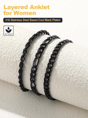 U7 2Pcs/3Pcs Ankle Bracelets for Women, Stainless Steel Cuban Link/Figaro/Rope/Heart Chain Anklets Sets,Waterproof Layered Anklets Adjustable 8.5"-10.5" - color: 03. 3Pcs Style A-Black