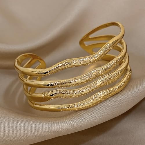 hotoo Gold Open Cuff Bangles Wide Woven Bracelets For Women Stainless Steel Stackable Jewelry For Xmas Birthday Gifts - style: Irregular Waves