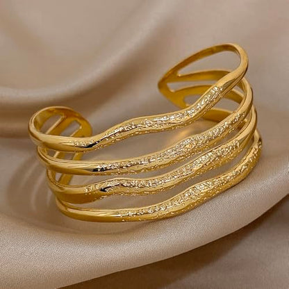 hotoo Gold Open Cuff Bangles Wide Woven Bracelets For Women Stainless Steel Stackable Jewelry For Xmas Birthday Gifts - style: Irregular Waves