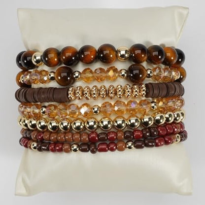 7Pcs Bohemia Multilayer Stackable Crystal Beaded Bracelet Set Multicolor Surfer Heishi Clay Gold Beaded Friendship Stretch Bracelets for Women Men Summer Beach Boho Vacation Jewelry Gifts - color: Brown