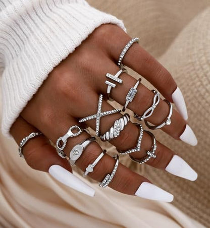 iF YOU 25 Pcs Gold Stackable Ring Set for Women, Chunky Knuckle Finger Midi Rings, Silver Simple Stacking Cute Rings Pack Trendy Stuff Jewelry Gift - style: 23 Silver sparkling rings