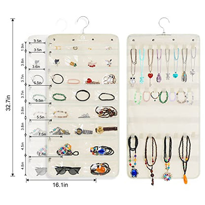 Freegrace Hanging Jewelry Organizer Revolving Hanger - Secure Zipper Closure - 25 Pockets,23 Hooks - Foldable Storage & Display Solution - For All Jewelry & Bijoux (Beige)