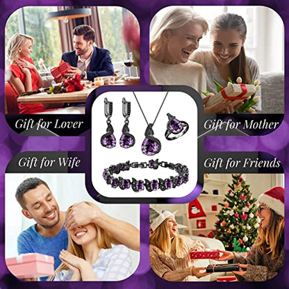 GZWHD Jewelry Set for Women Water Drop Cubic Zirconia Artificial Crystal Earrings Pendant Necklace Open Ring Tennis Bracelet Wedding Anniversary Birthday Engagement Gift for Bridesmaid Wife Girlfriend Friend - color: Black Gun-Purple