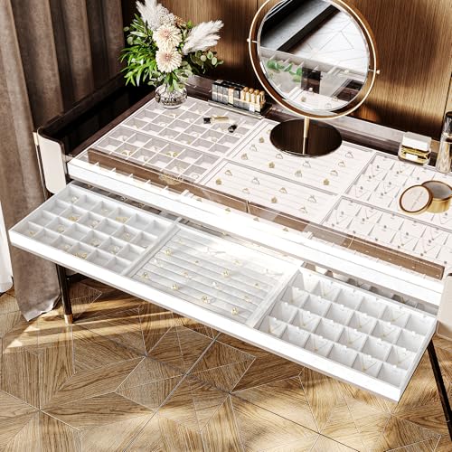 White PU Leather Stackable 24-Grid Jewelry Display Organizer Tray | Stackable design, ideal for earring ring storage on dresser drawers, home collection and retail counter display - size: 24 Grid