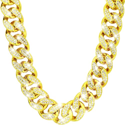 Plastic Shiny CZ Rhinestone Curb Cuban Link Chain Gold Silver Miami Hip Hop Chain Bling Diamond-Cut Chunky Turnover Necklace 80s 90s Costume Accessory for Men Women Unisex - color: Gold