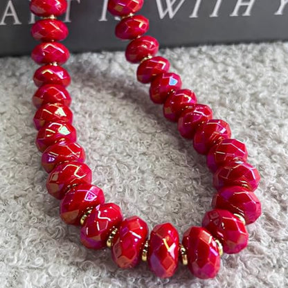 Colorful Chunky Acrylic Beaded Choker Necklaces for Women | Multicolor Faceted Beads, Sturdy Metal Chain, Adjustable Detachable, Lightweight, Summer Boho, Sparkly Statement Jewelry Gift - color: Red