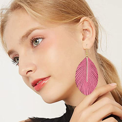 YUNXI Large Genuine Soft Leather Handmade Fringe Feather Lightweight Leaf with Simple Drop Metal Bar Tear Drop Dangle Color Earrings for Women - color: Pink