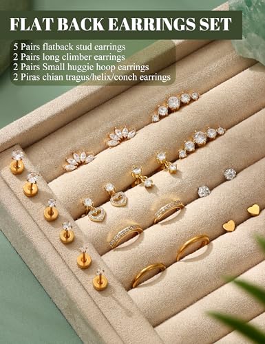 LOLIAS Flat Back Earrings for Women,20G Conch Tragus Helix Piercing Jewelry | Hypoallergenic Cartilage Earring Stacks,Surgical Stainless Steel Earrings for Sensitive Ears,Flatback Stud,Hoop,Earring Set - color: 14K Gold Plated