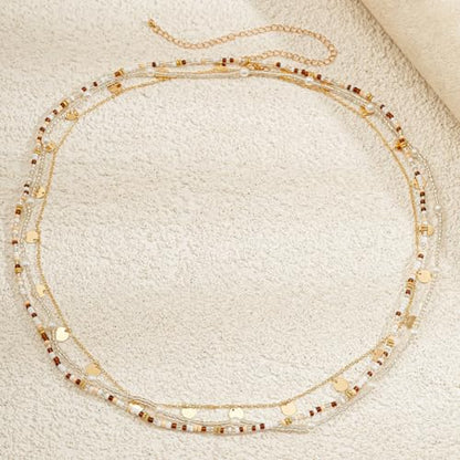 14K Gold Plated Belly Chain Layered Adjustable Waterproof Sparkling Sequin Body Chain Sparkling beads Sexy Bikini Waist Chain With Scalable Elastic Rope - Aqua Brown Golden - color: 3 Layers Brown