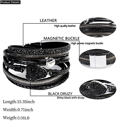 Artilady Leather Wrap Bracelet for Women, Pearl Beaded Bangle Stack Jewelry | Easy on-off, Elegant Handmade Multi-Layered, Daily Casual Date Beach Vacation, Gift for Ladies, Mother, Sister & Friend - style: Black with druzy