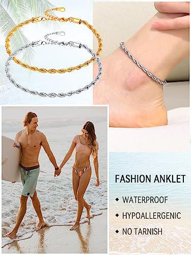FaithHeart Waterproof Ankle Bracelets for Women, 1/2/3Pcs Non Tarnish Stainless Steel Layered Anklet Set Paperclip Figaro Cuban Link Chain Dainty Summer Beach Jewelry Gift Adjustable Size - style: f.Figaro - Silver