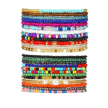 KIFEDSLJ 24Pcs Colorful Beaded Anklets Boho Handmade Beaded African Anklets Multicolor Seed Beads Stretch Ankle Bracelets for Women Elastic Foot and Hand Chain Jewelry