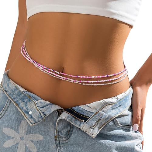 3Pcs/Set Boho Elastic Beads Waist Chains Jewelry Summer Beach Seed Beaded Belly Chain Jewelry Bikini Sexy Bead Waist Body Jewelry for Women - color: Pink