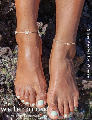 RLMOON Gold Silver Anklets for Women CZ Ankle Bracelets 14K Gold Plated | Waterproof Layered Stackable Clover Butterfly Tennis Chain Anklet Non Tarnish Trendy Summer Beach Foot Jewelry - color: Silver anklet G