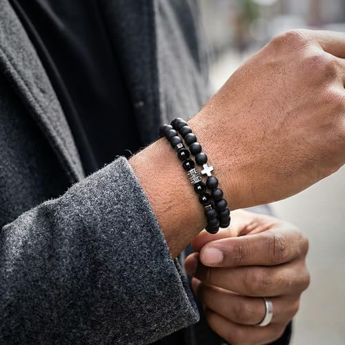 Flybar Men's 4 Piece Beaded Bracelet Set, Natural Lava Stone Black Onyx Matte Agate Tiger Eye, Stretchable Elastic Handmade Stackable - color: CK15 Matte Black Cross