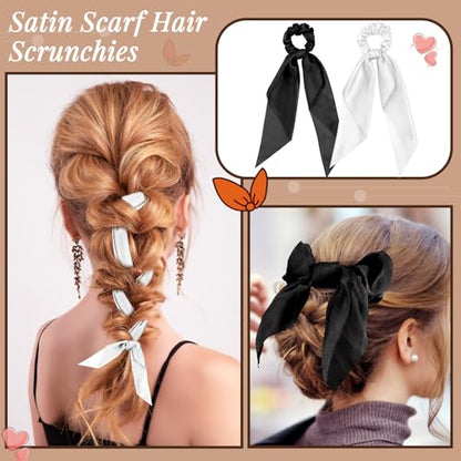 MTLEE 12 Pcs Hair Accessories for Women Hair Bows Scrunchies Scarf Ties Bunny Ears Silk Satin Scrunchies Ribbons Scarf Ties with Bows for Women Lady(Black and White) - color: Black and White