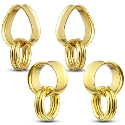 2 Pairs Stainless Steel Ear Plugs Tunnels Set with 2 Stacked Rings, Round & Teardrop Gauges for Ears, Hypoallergenic Surgical Steel Ear Stretcher Expander Body Jewelry - color: Gold, size: 22mm(7/8 inch)