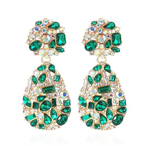Rhinestone Statement Earrings Teardrop Costume Earrings Cluster Crystal Chandelier Drop Dangle Earrings for Women - color: Green