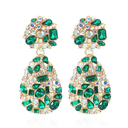 Rhinestone Statement Earrings Teardrop Costume Earrings Cluster Crystal Chandelier Drop Dangle Earrings for Women - color: Green
