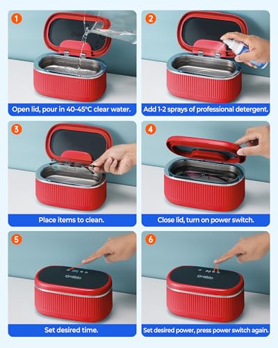 45KHz Ultrasonic Jewelry Cleaner, 5 Timer & 3 Power Modes, 35W Retainer Cleaner for Jewelry, Eyeglasses, Rings, Watch Strap, Dentures - Quiet <38dB, 20oz, 304 Stainless Steel (Red) - color: Red
