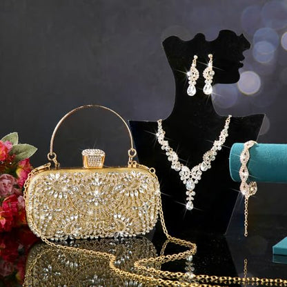 Quelay 4 Pcs Purse Rhinestone Jewelry Set Women | Wedding Bridal Prom Jewelry Sparkly Clutch Handbag with Necklace Bracelet Dangle Earrings Shiny Costume Kit - color: Champagne, style: Luxurious