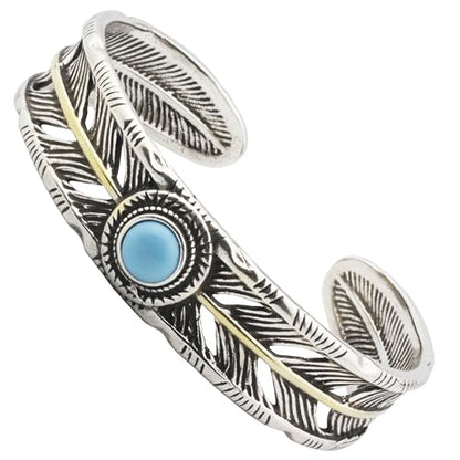Innocence S925 Silver-Plated Antique Wide Feather Cuff Bracelet For Men Women Adjustable Retro Twisted Feathers Bracelets Gift Jewelry - color: Wide Feather
