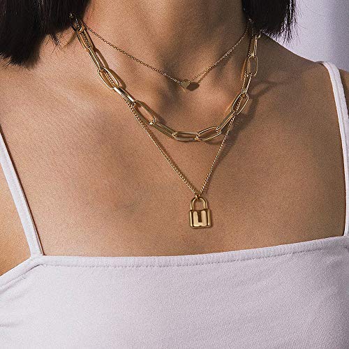 Turandoss Dainty Layered Choker Necklace, Handmade Y Pendant Necklace Multilayer Bar Disc Necklace Adjustable Layering Choker Necklaces for Women - style: 3PCS - Heart&Link Chain&Lock