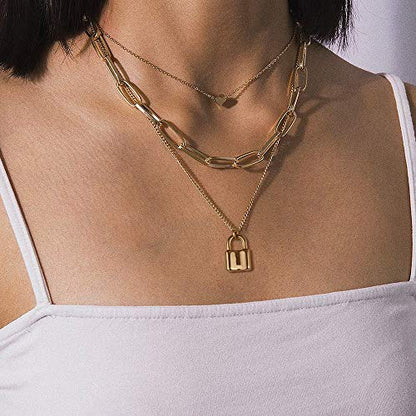 Turandoss Dainty Layered Choker Necklace, Handmade Y Pendant Necklace Multilayer Bar Disc Necklace Adjustable Layering Choker Necklaces for Women - style: 3PCS - Heart&Link Chain&Lock