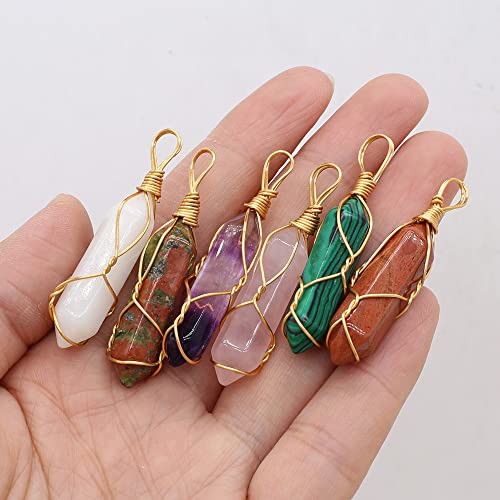 LE SKY 12 Pcs Natural Stone Pendants Hexagonal Pointed Chakra Stone Pendants Wire Knitting Crystal Beads for Jewelry Making Necklace